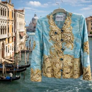 Vintage Italian Starzo Milano Aqua & Gold Baroque Jacket Blazer • Jewel Buttons